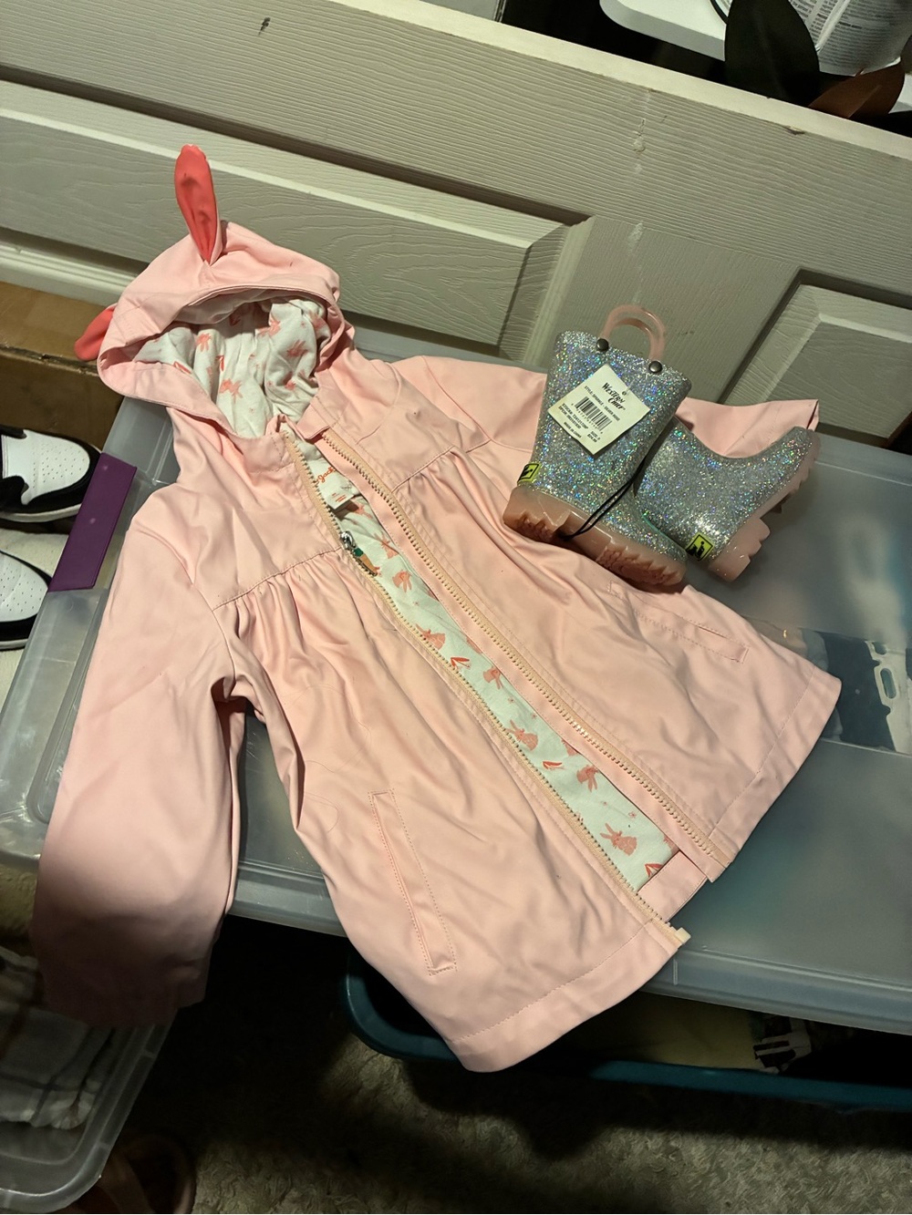 Girls' Light Pink Hooded Raincoat with Bunny Ear Hood and light up rain boots